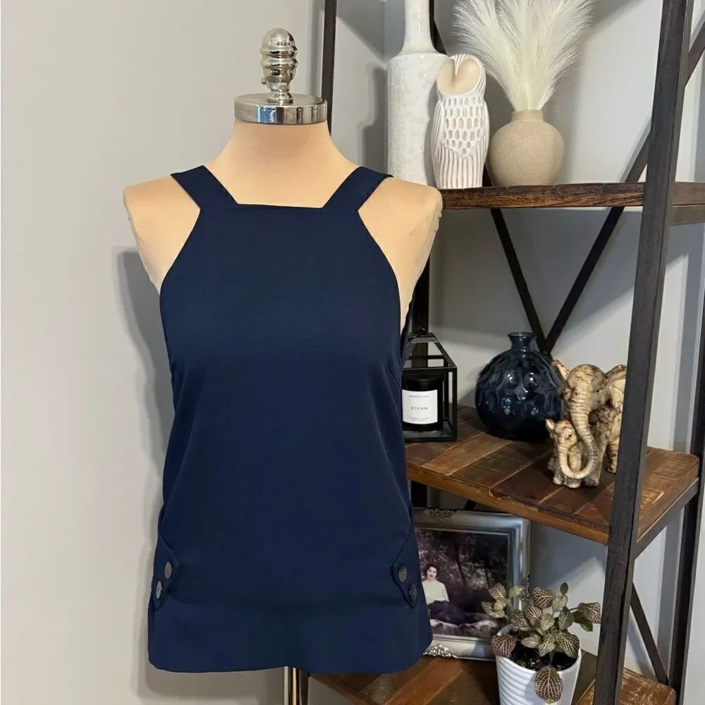 Derek Lam 10 Crosby Square Neckline Tank V-Back Navy Blue Buttons Women’s MED